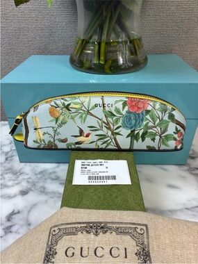 Gucci Blue Floral Tian Print Leather Pencil Case - Authentic w/ Box, Dusty & Tag